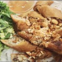 41. Spring Roll Vermicelli · 3 pieces. Served with cucumber, lettuce, basil, bean sprouts, pickled veggies, mint, fried o...