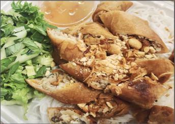 41. Spring Roll Vermicelli · 3 pieces. Served with cucumber, lettuce, basil, bean sprouts, pickled veggies, mint, fried onion flakes, peanuts, and house made fish sauce