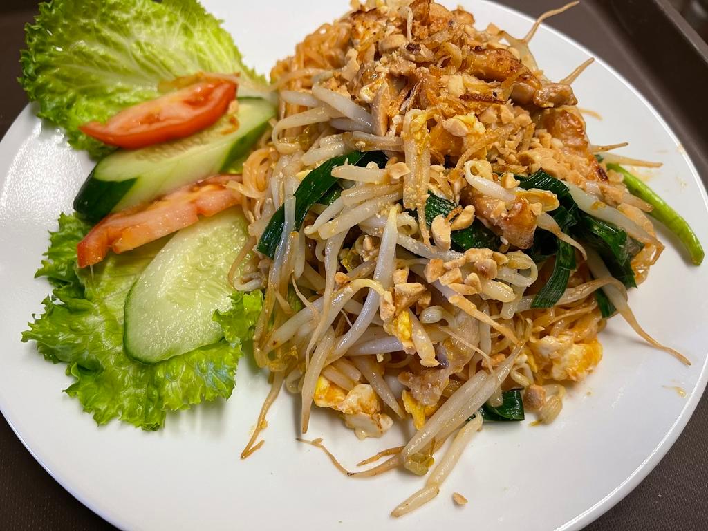 70. Fried Rice Noodle  · Pad Thai style. Rice noodle stir fried with bean sprouts, chives, your Choice of tofu, shrimp, chicken, or beef. 