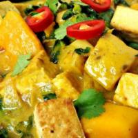 23. Pad Yellow Curry Tofu · Stir fried yellow curry with tofu, carrot, onion,bell pepper, snow, chinese broccoli, chili ...