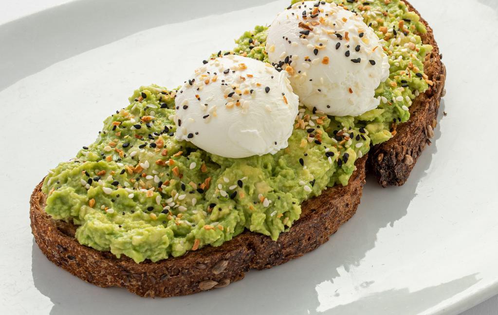 Avocado Toast · Artisan grain bread lightly toasted and topped with fresh avocado, 2 poached egs and 