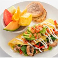 The Mom Omelet · Spinach, mushroom, onion, red and green bell pepper. Topped with avocado, salsa fresca and s...