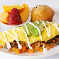 No Name Omelet · Bacon, tomato and mushroom. Topped with avocado and sour cream.