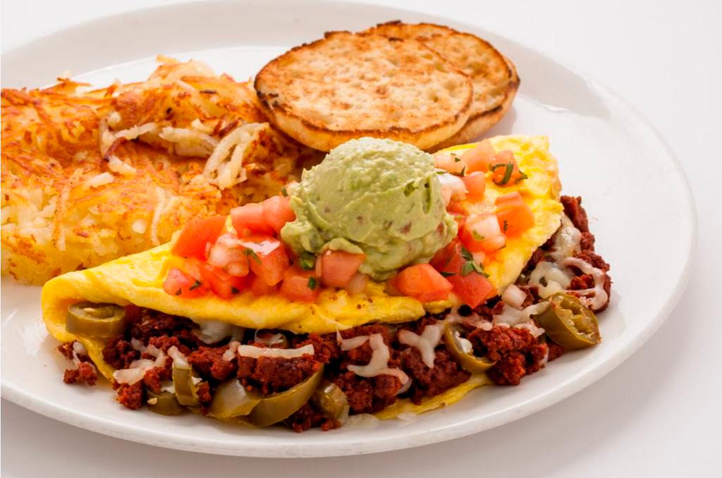 El Fuego Omelet · Spicy chorizo, jalapeno, Jack cheese. Topped with salsa fresca and guacamole.