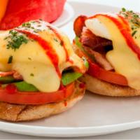 Golden State Benedict · A toasted English muffin topped with grilled tomato, avocado, applewood bacon, poached eggs,...