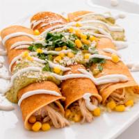 Savory Crepes · 3 homemade crepes filled with shredded chicken, corn and Jack cheese. Topped with poblano sa...