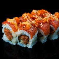 Red Dragon Roll · Spicy tuna, tempura crunch, avocado, topped with big eye tuna, spicy mayo. Raw.