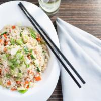 Japanese Fried Rice Plate · With edamame, carrots, onion, eggs and lettuce.