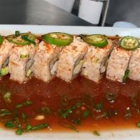 Chingon Roll · Seaweed,  cucumber,  cooked shrimp, avocado, topped with Tampico crab mix, tajin , sliced se...