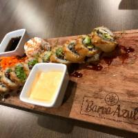 Mar y  Tierra · Seaweed, cream cheese, avocado,  Carne asada, cooked shrimp, served with tampico crab mix, e...