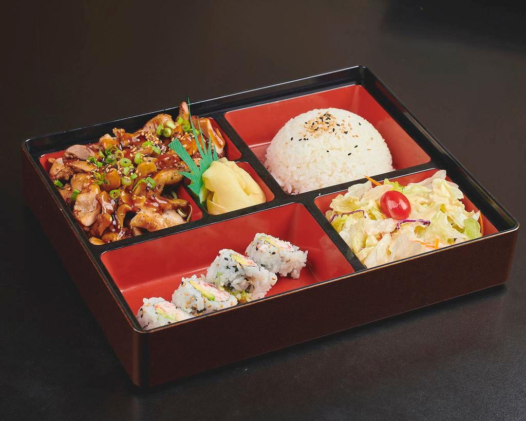 Teriyaki Chicken Bento Box · Marinated or glazed in a soy based sauce. 