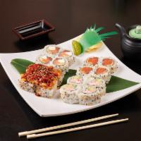 D Sushi Combination · Ca roll 4 pieces, crunch roll 4 pieces, spicy tuna 4 pieces and philly roll 4 pieces.