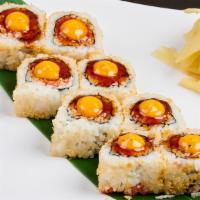 Chihuahuas Roll · Spicy tuna, crab meat and cucumber covered with crunch batter.