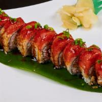 Red Rock Roll · Shrimp tempura, crabmeat, cucumber topped with spicy tuna and scallion.