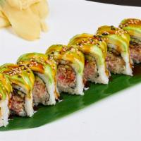Caterpillar Roll · BBQ eel, crab meat, cucumber topped with avocado.