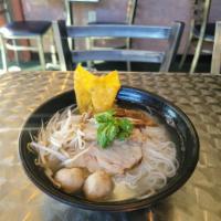 Innocent Noodle Soup · Clear broth soup with marinate pork and pork ball. topped with cilantro, bean sprout and fri...