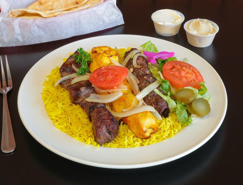 Mixed Al-Sham · Lamb kebab, chicken kebab, and beef kofta, served with garlic sauce.