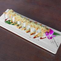 Denver Nugget Roll · Shrimp tempura and crab meat rolled with spicy tuna. Tempura crunch topped with spicy and ee...