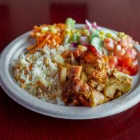 1. Chicken Gyros Plate · Served with garden salad,Basmati rice,chickpeas,raisins and sauces.