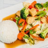 V5. Vegetarian Rice Plate · Served with tofu, celery, carrot, cabbage, broccoli.