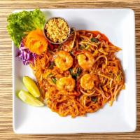 P1. Pad Thai · Stir fried thin rice noodles with your choice of protein, eggs, bean sprouts and scallions i...