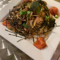 Japanese Style Seafood Spaghetti · Shrimp, scallop, calamari, green mussel, tomatoes, onions, scallions, mushrooms, and nori.