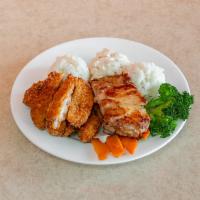 BBQ Chicken & Katsu · Combo Plate:  served with Steamed Rice, Macaroni Salad & Steamed Veggies.

Substitutes with ...