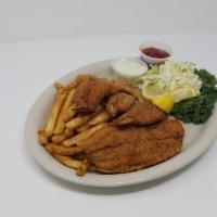 Catfish · 2 pieces. Fried, grilled, or blackened filets. Comes with fries and your choice of side.