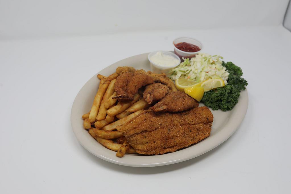 Seafood Platter · Grilled, blackened or fried piece of catfish, 3 shrimp, 3 oysters, served with fries and coleslaw.