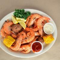 Peel & Eat Head-on Shrimp · 1 lb of Head-on Shrimp served with Corn and Potatoes.