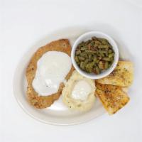 Chicken Fried Chicken · Served with green beans, mashed potatoes and white gravy with 2 pieces of garlic bread.