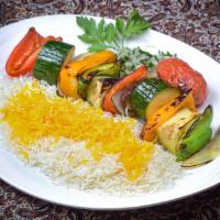 Vegetable Kabob · Marinated eggplant, zucchini, onions, bell peppers, mushrooms and tomatoes.