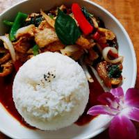 Thai Basil · Choice of protein sauteed with basil sauce mixed with fresh basil, onions, bell pepper and m...