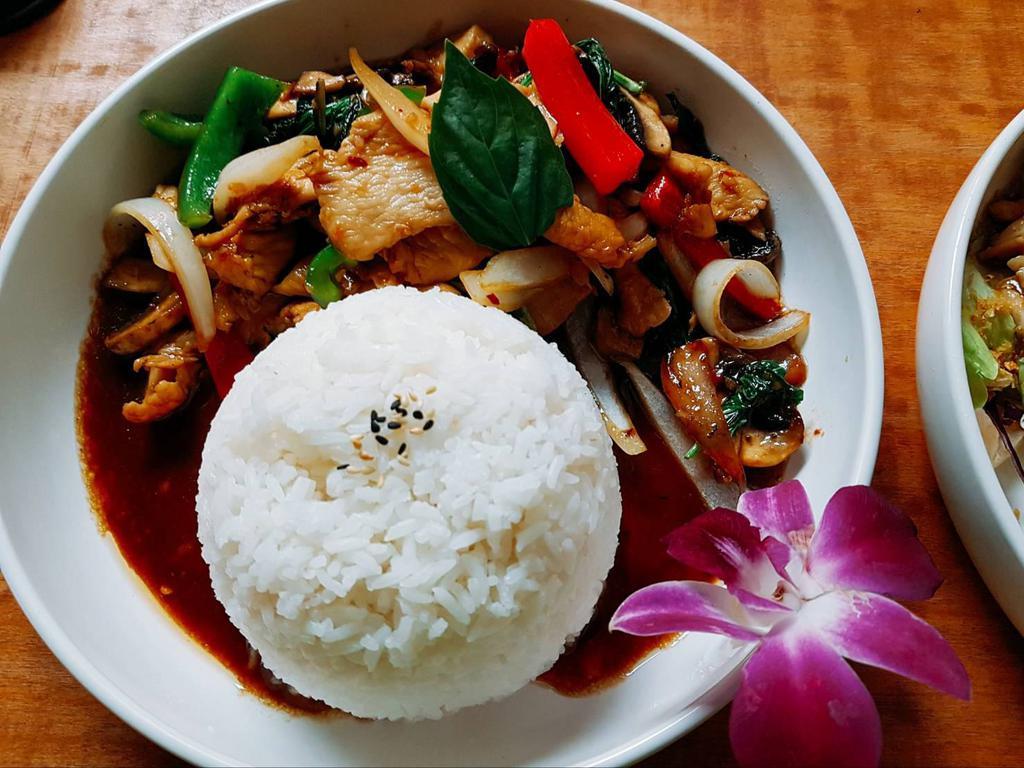 Thai Basil · Choice of protein sauteed with basil sauce mixed with fresh basil, onions, bell pepper and mushrooms.