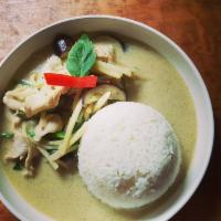 Green Curry · Choice of protein in creamy coconut milk, bamboo shoots, eggplant, basil, bell pepper, and g...