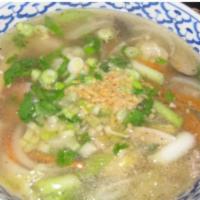 50. House Wonton Soup · Wonton soup with pork, shrimp, crab meat, seafood, vegetable and green onion.