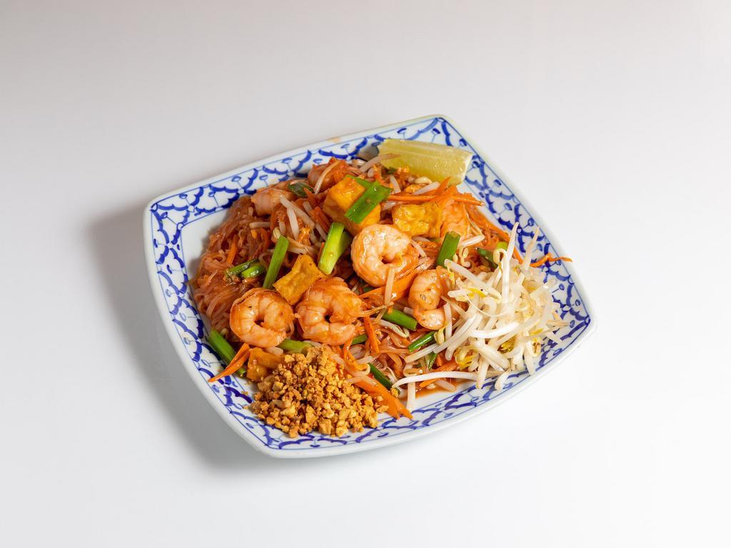 57. Pad Thai · Classical rice noodles are stir-fried with egg, tofu, bean sprout, green onion and crushed peanut. Your choice of chicken, beef or pork. Substitute for shrimp or seafood for an additional charge.