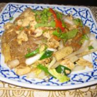 63. Pan Fried Crystal Noodle · Bean thread noodles with egg and mixed vegetables. Choice of beef, pork, chicken. Substitute...