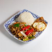 72.  Kao Ka Paow and Kai Dao · Stir-fried beef, pork, chicken or for shrimp or seafood with chili, holy basil over steamed ...
