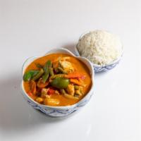 78. Red Curry · Choice of meat and mixed vegetables in our red curry sauce.