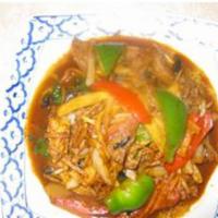 92. Pad Cha · Choice of meat with mint leaves, baby corn, green beans, onion and carrot in chef’s special ...