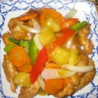 96. Tropical Sweet and Sour Shrimp · Tropical sweet and sour shrimp fresh selected chicken breast dipped in lightly batter quick ...