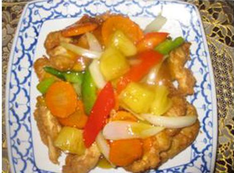 96. Tropical Sweet and Sour Shrimp · Tropical sweet and sour shrimp fresh selected chicken breast dipped in lightly batter quick fried with onion, bell pepper, carrot, pineapple and our tangy sweet and sour.