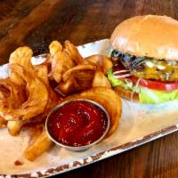 Fields PDX Burger and Fries · 6 oz. beef burger topped with cheddar, shaved red onion, garlic aioli, lettuce, and tomato. ...
