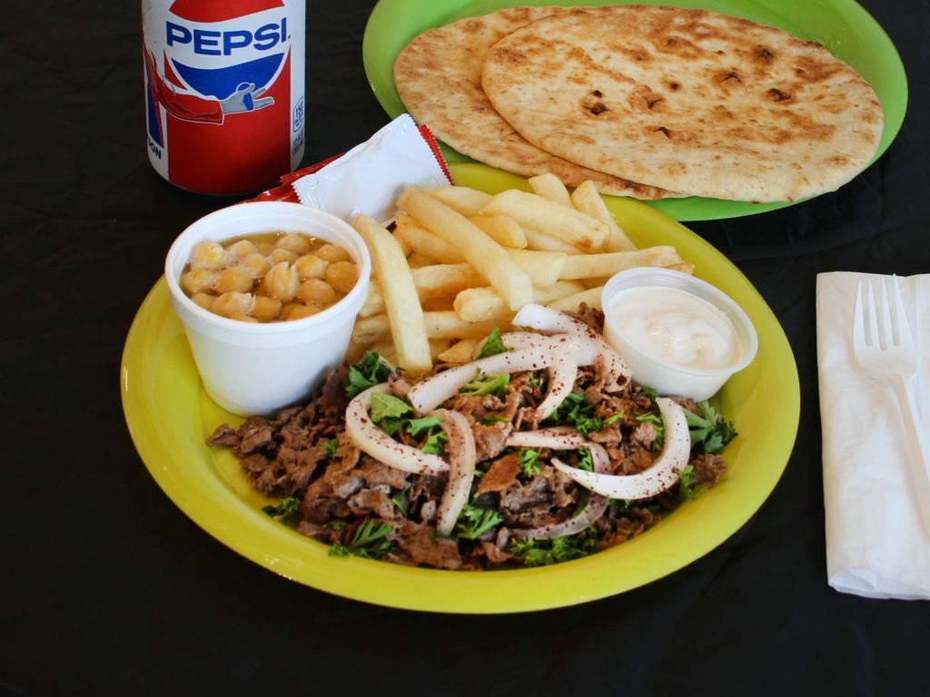 11. Shawarma Gyro Combo Meal · Beef, chicken, or mixed, with houmos balela, yogurt, 2 pitas, fries, sauce, and drink.