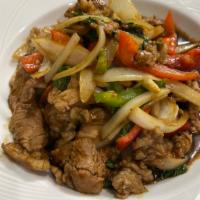 Kra Pow ( Stir Fried Basil) ·  Thailand's most popular street dish with garlic, fresh chili, onions, bell peppers, and bas...