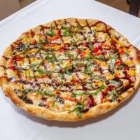 Bensonhurst Pizza · Sausage & peppers, roasted onions in a balsamic glaze & mozzarella.