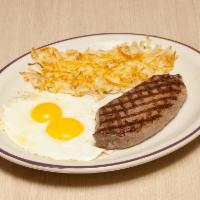 Steak and Eggs · Served with 2 eggs, spuds and toast.