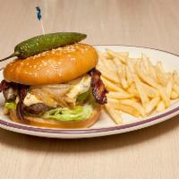 Mexican Burger Lunch · Spicy bacon, grilled jalapenos, grilled onions, avocado, tomatoes and white cheese. Cooked m...