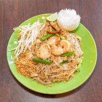 (L) Pad Thai Chicken and Shrimps · Gluten free. Stir-fried rice noodle with egg, bean sprouts, scallion, and ground peanuts.